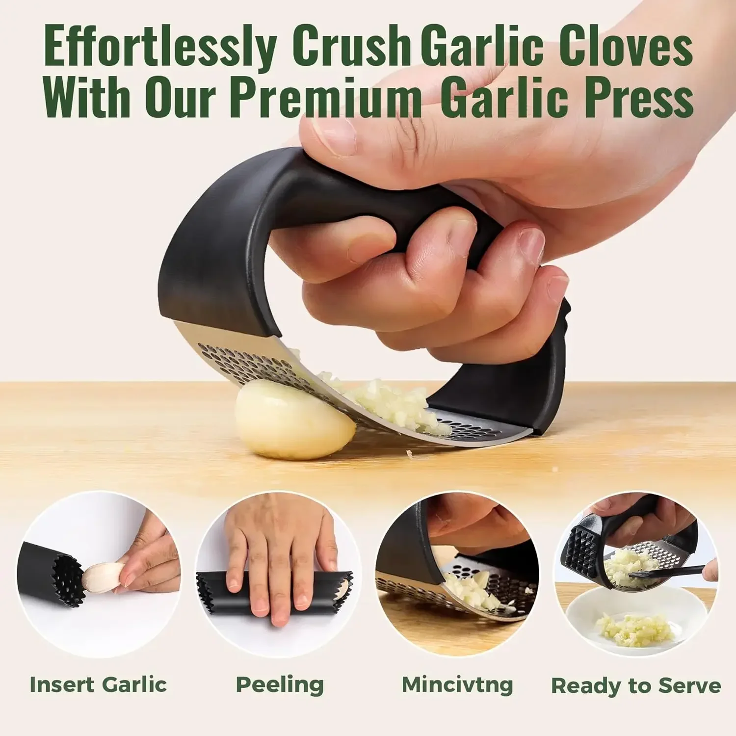 Stainless Steel Garlic Press Rocker Garlic Mincer Garlic Crusher Easy-Squeeze Tool with Peeler and Cleaning Brush for Smashing