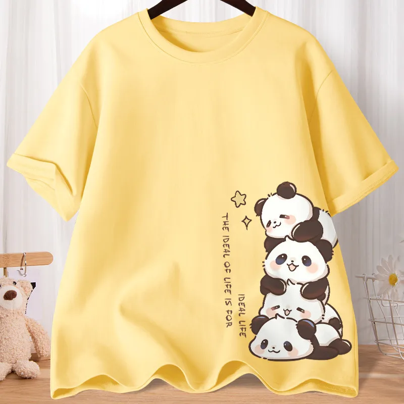 Summer Cartoon Cute Treasure Panda Sweet Printed Short Sleeve T-shirt Women\'s Loose Leisure Soft Bottom Oversized Shirt Top