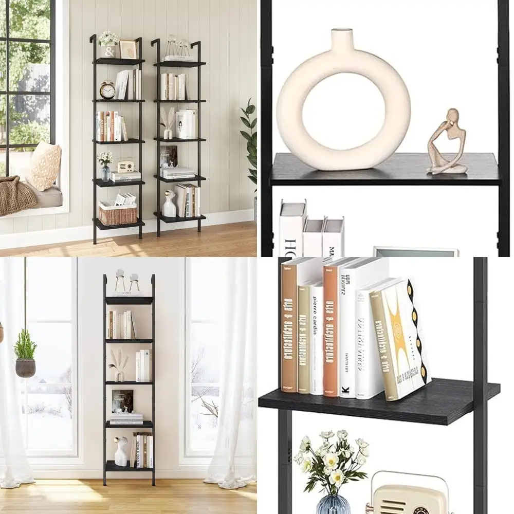 

Vintage 5-Tier Wood and Metal Wall Shelf, Leaning Ladder Bookcase Organizer for Home Office, Living Room, and Bedroom in Black