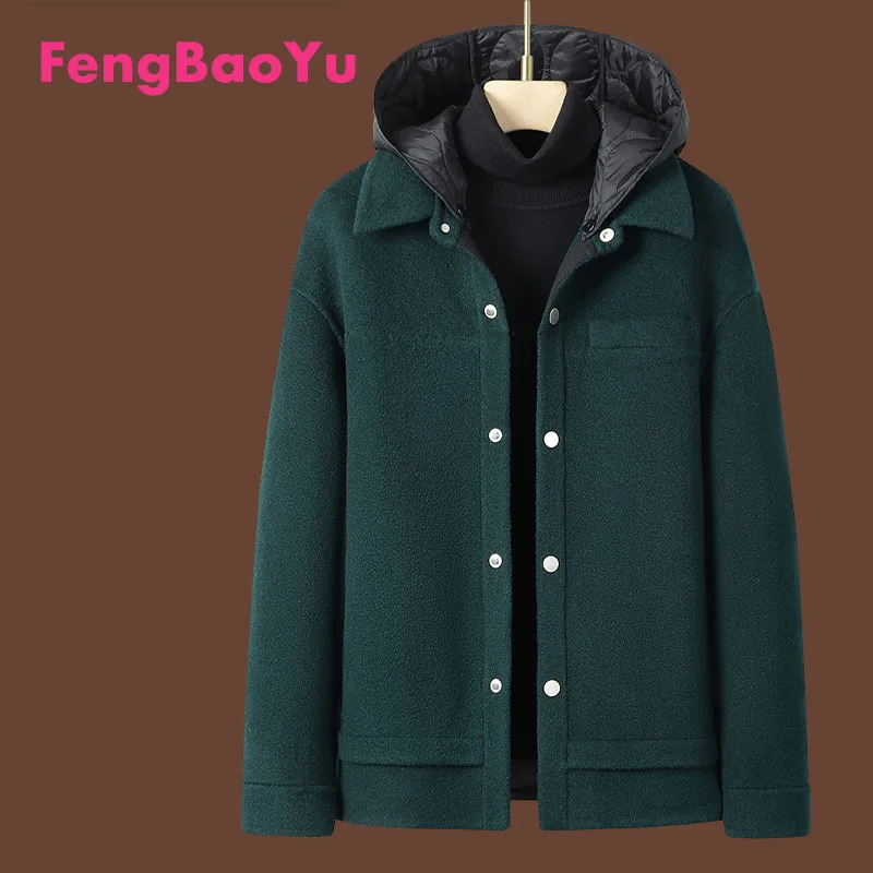 

Fengbaoyu Autumn Winter Men's Double Cashmere Coat Strip Hat Short Wool Mulberry Silk Fashion Wool Warm Soft Comfortable Coat