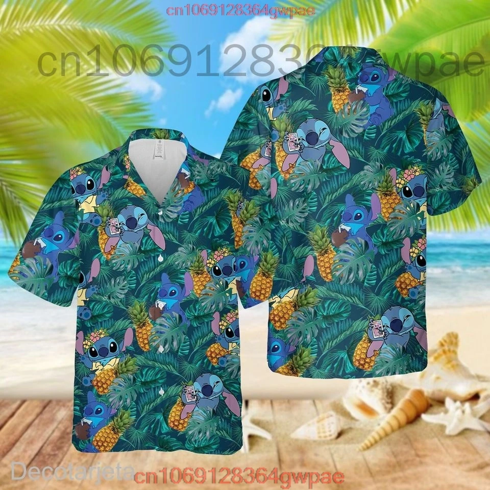 Masculino e feminino disney stitch camisas havaianas, manga curta, casual para praia, moda festa, moda verão