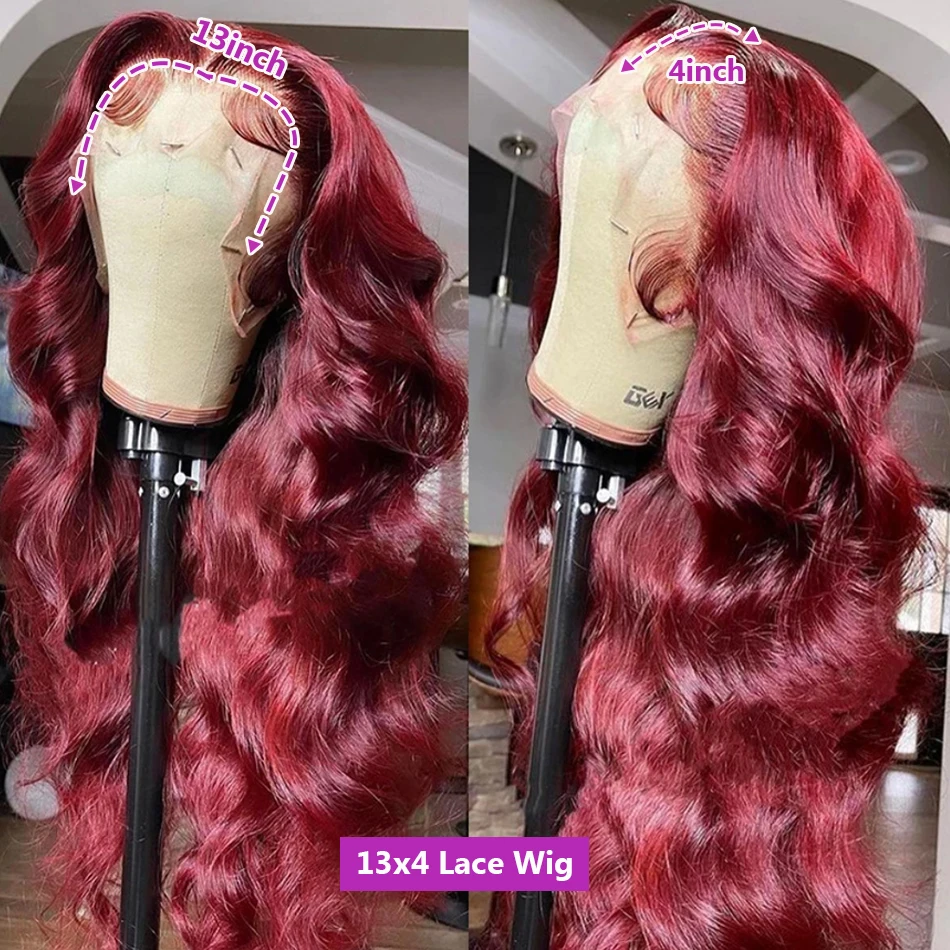 Perruque Lace Front Wig Body Wave Brésilienne Naturelle, Cheveux Humains, Couleur Bordeaux, 13x6, 13x4, HD 99j, Pre-Plucked, 180%, pour Femme