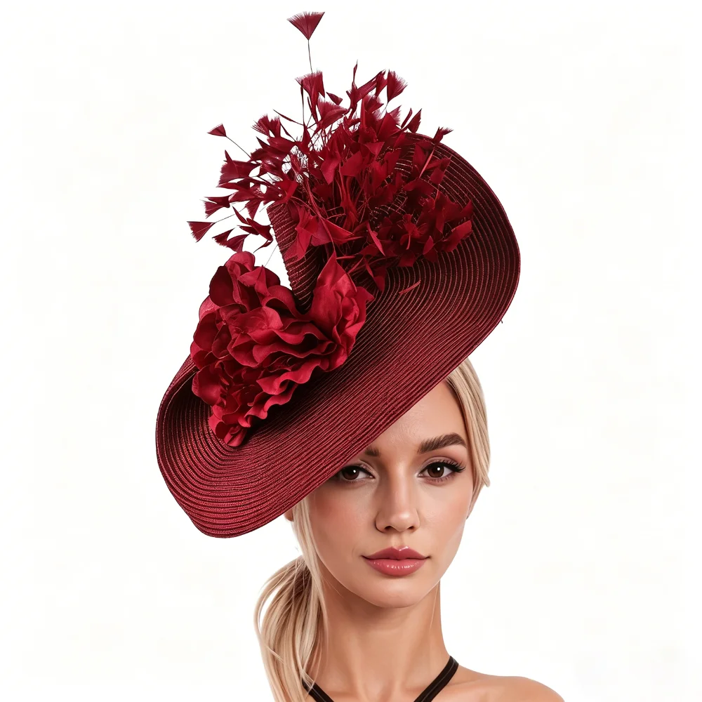 

New Exaggerated Feather Fascinator Hat Straw Handmade Tea Party Kentucky Hat Flower Headpiece Women Fascinator Derby Pillbox Hat