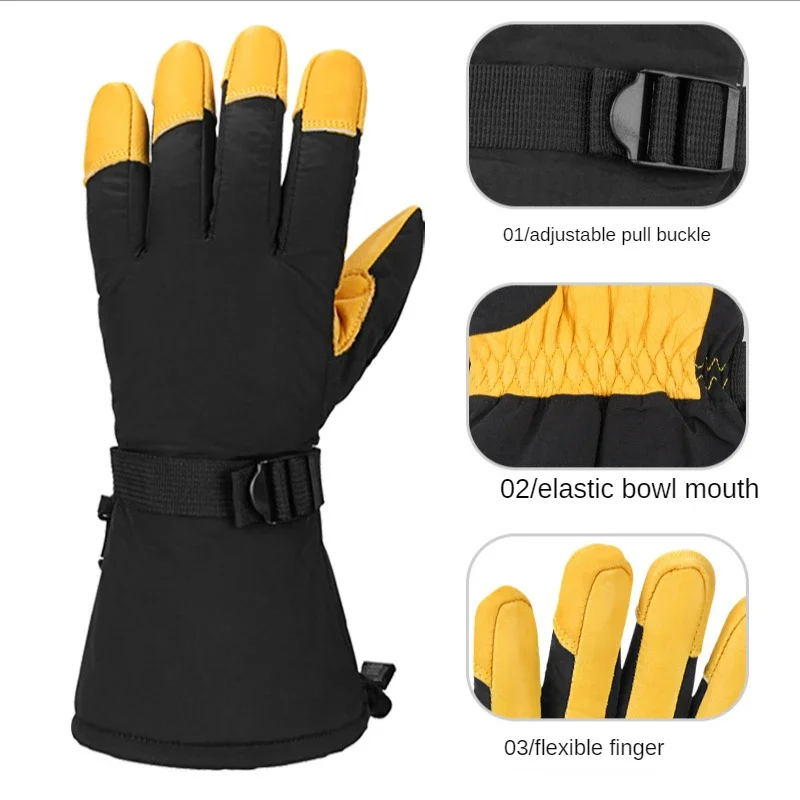 Winter Cowhide Mittens Men Women Ski Motorcycle Riding Gloves Mountain Bike Cycling Glove Windproof Waterproof Outdoor Sports