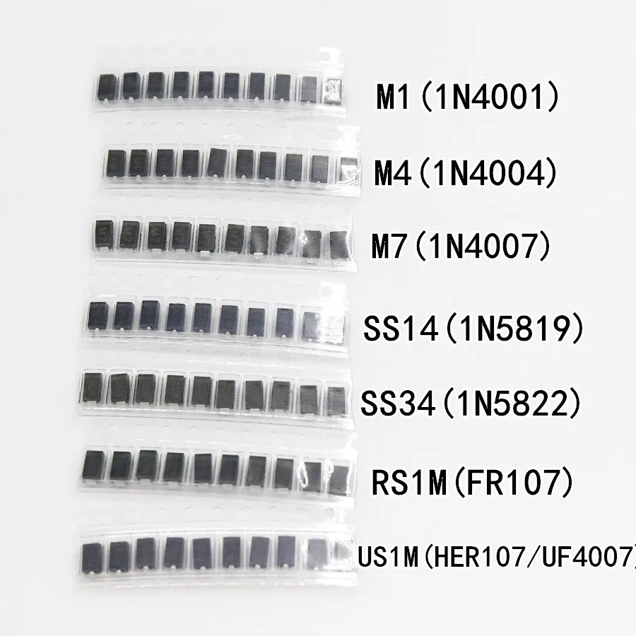 70pcs SMA Schottky Diode Assort Kit 1N4001 1N4004 1N4007 1N5819 1N5288 FR107 Rectifier Diodes set M1 M4 M7 SS14 SS34 RS1M US1M