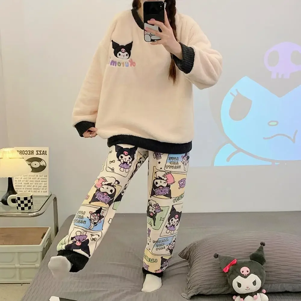 New Sanrio Kuromi Women Plush Pajamas Suit Hello Kitty Anime Kawaii Winter Coral Fleece 2Pcs Loungewear Girls Cute Warm Homewear