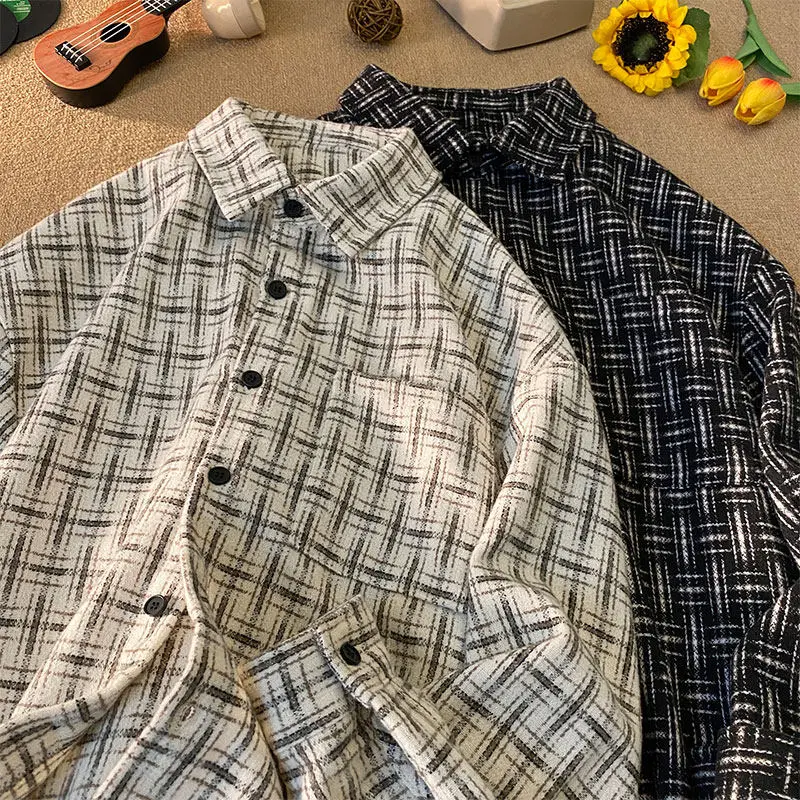 

Мужской кардиган в стиле ретро, свободный крой, тонкий, в клетку, с отложным воротником, молодежный, большой размер, универсальный, длинный рукав