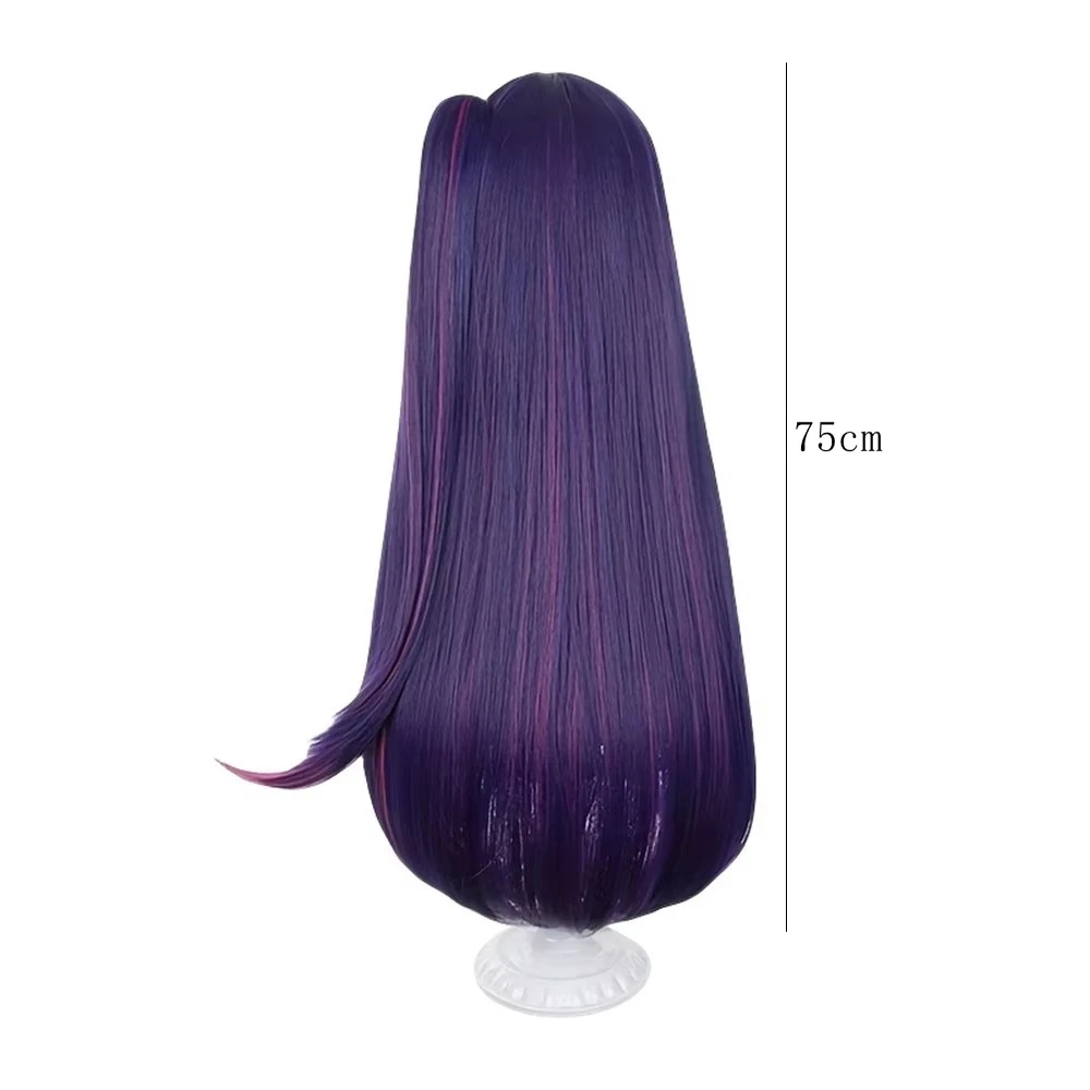Anime Cosplay Wig Dark Purple Long Hair Pink Streak Side Ponytail Bangs Synthetic Heat Resistant Wig For Women Game Role Play