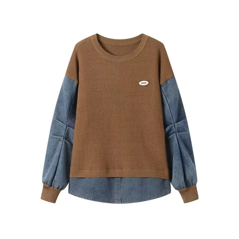 2024 New Women's Spring Autumn Crew Neck Cashmere Patchwork Knitted Fake Two Pieces Fashion Loose Long Sleeve Casual Tops