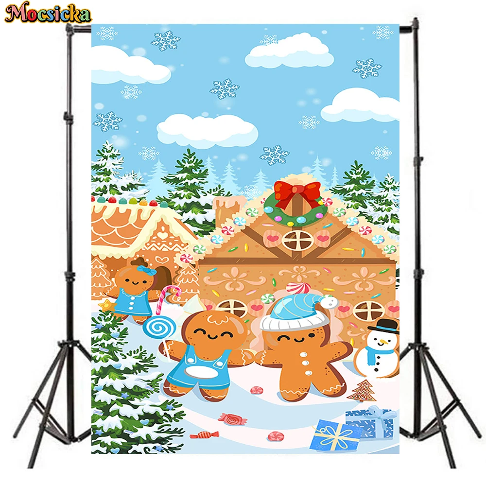 Mocsicka Pink Blue Christmas House Backdrop Gingerbread Man Baby Shower Xmas Tree Banner Gender Reveal Photography Backgrounds