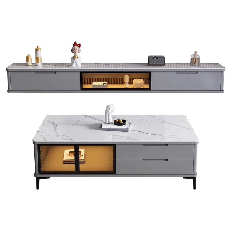 Modern Style Luxury Wood Marble Tv Stand and Coffee Table Set square for  Living Room Decor Rectangular Furniture Newest Design