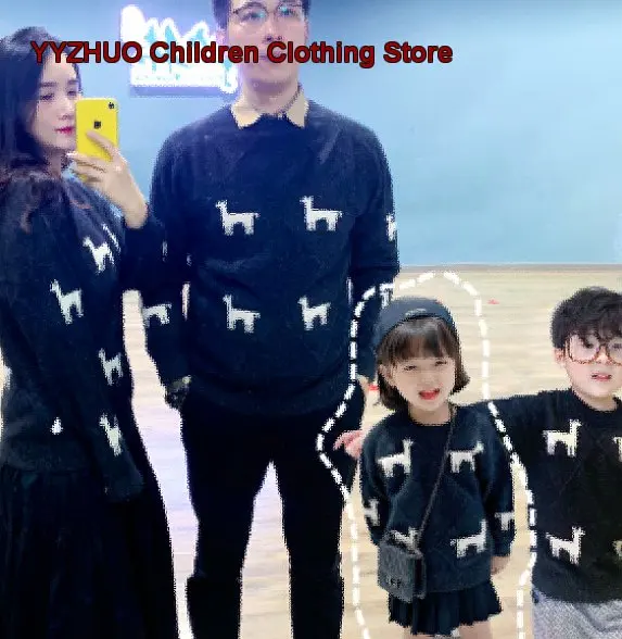Kids Pullover Sweater Boys Girls Autumn Turtleneck Knit Top Solid Color Double-Strand Thickened Family Matching Round Neck