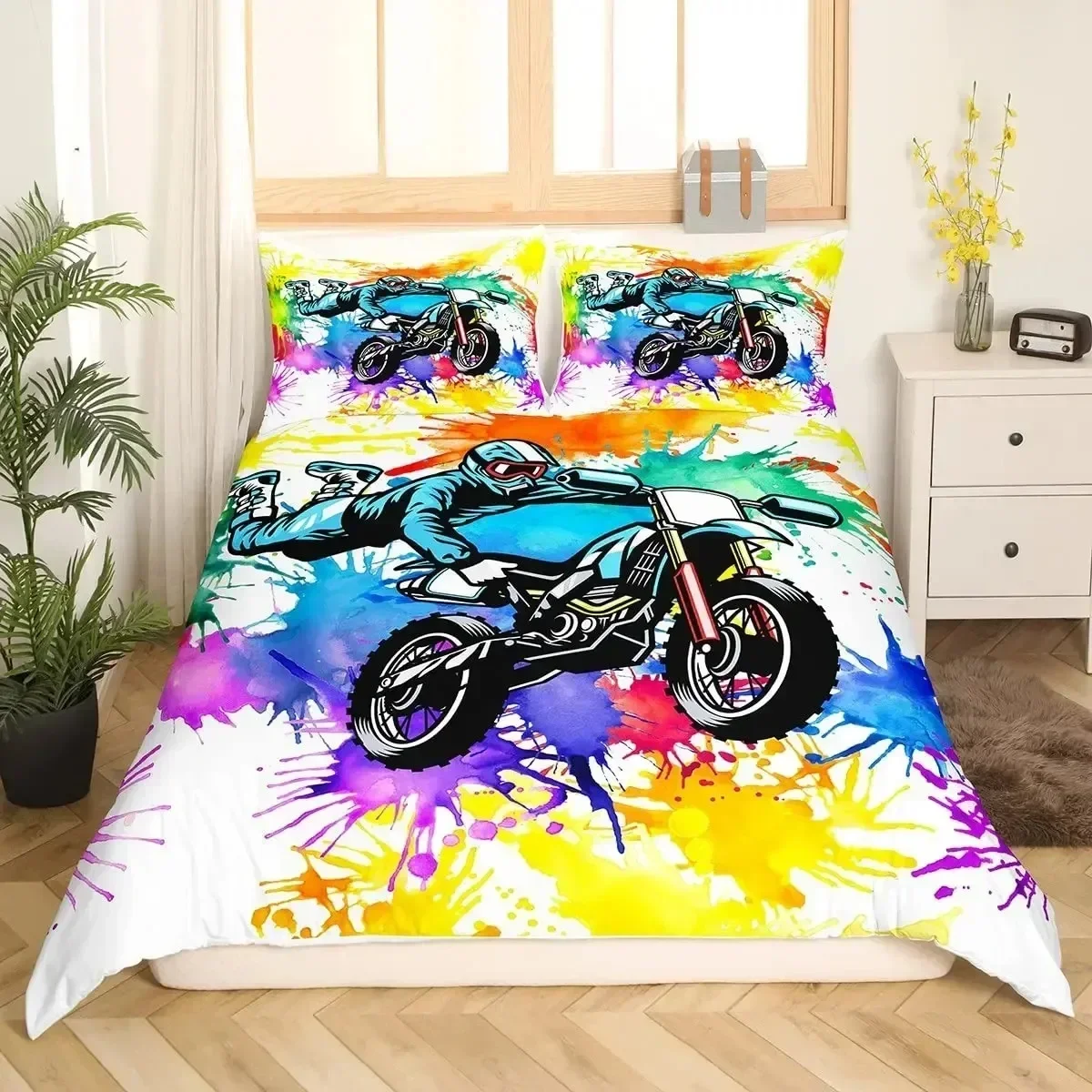 Motocross Bedding Set Full Motorcycle Racer Comforter Cover Extreme Sport Duvet Cover Dirt Bike Motor Vehicles Biker Quilt Cover