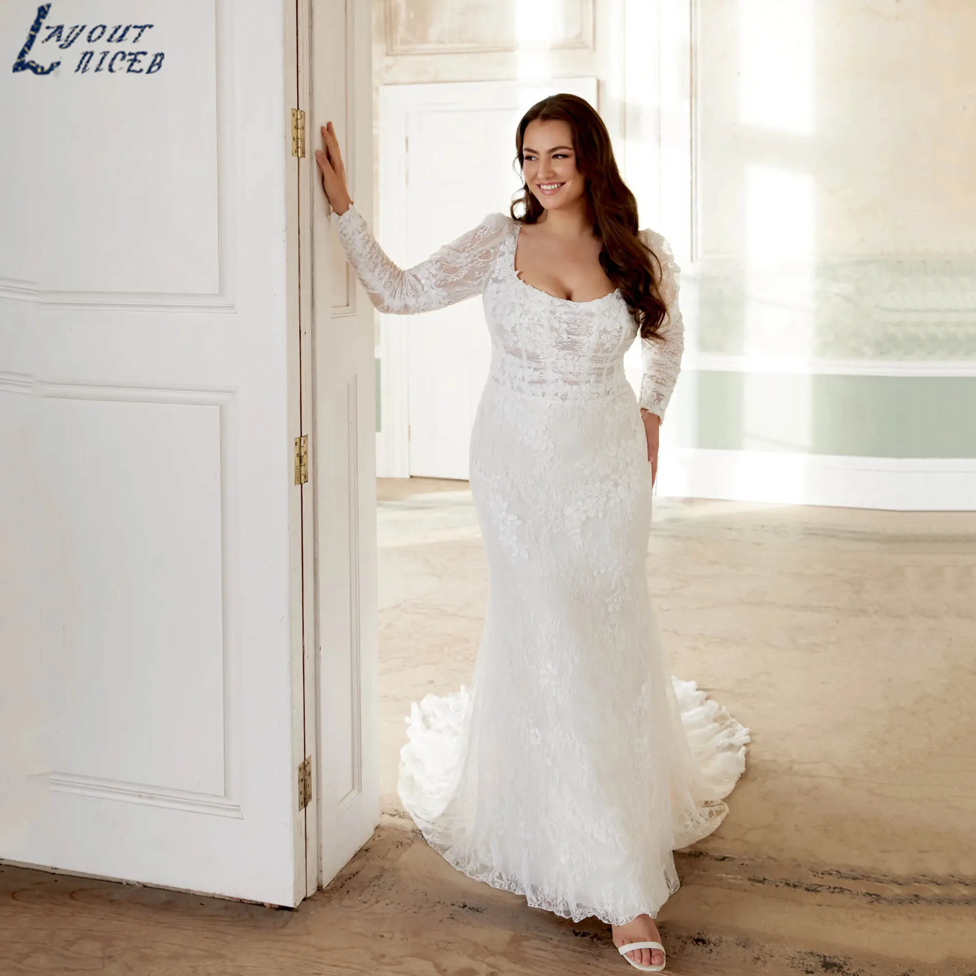 

Plus Size Lace Fit Bridal Gowns Long Puff Sleeves Mermaid Wedding Dress Luxury Square Neck Backless vestidos de novia Customized