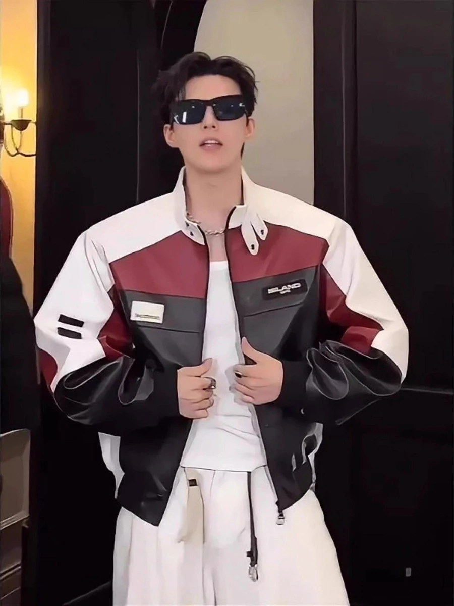 

Модная высококачественная мужская и женская байкерская куртка с воротником в стиле пэчворк, весенне-осеннее модное кожаное пальто с прямым подолом, повседневное.