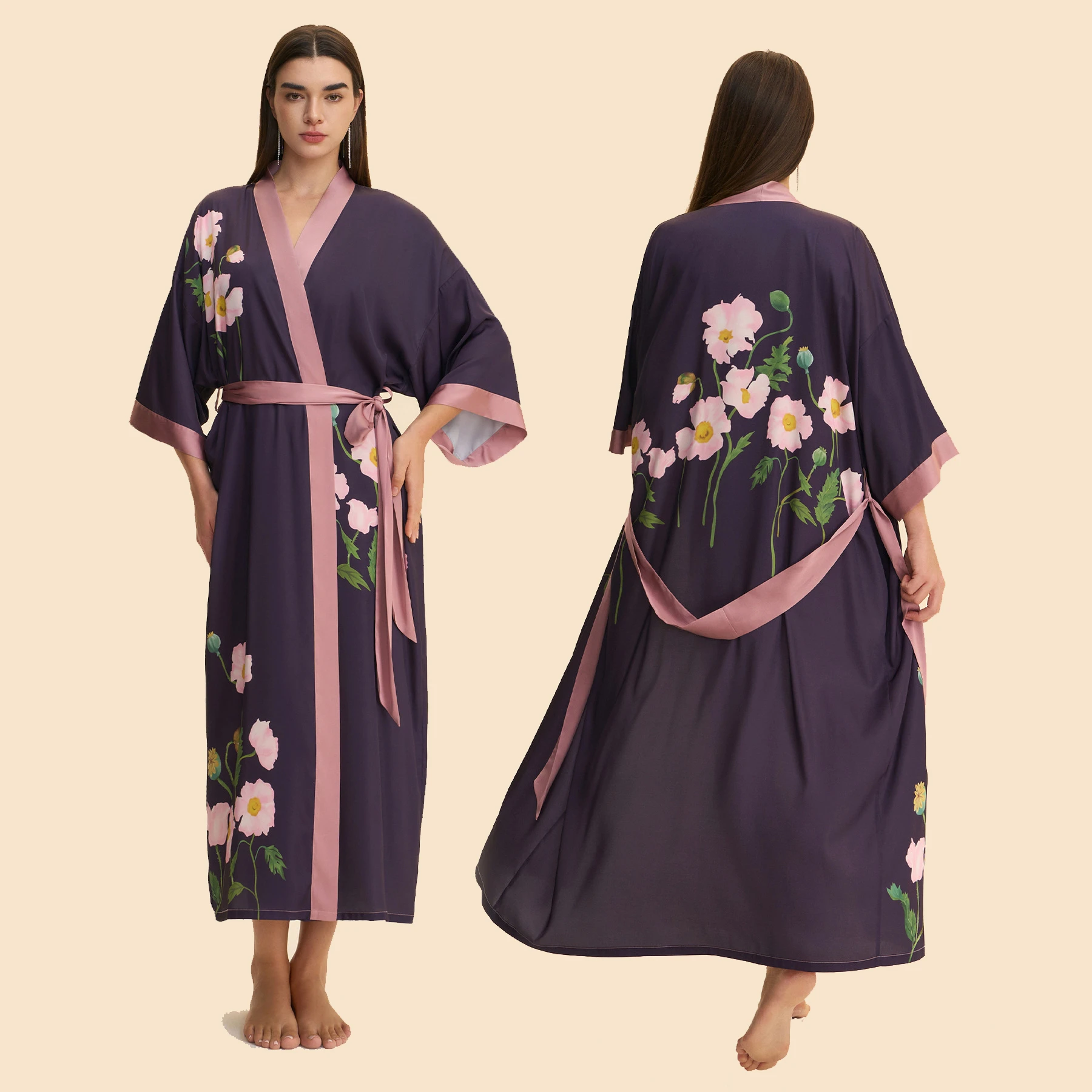 

New Female Long Robe Home Dress Flower Print Wedding Bathrobe Kimono Gown Gift Elegant Satin Sleepwear Nightgown Loose Pajamas