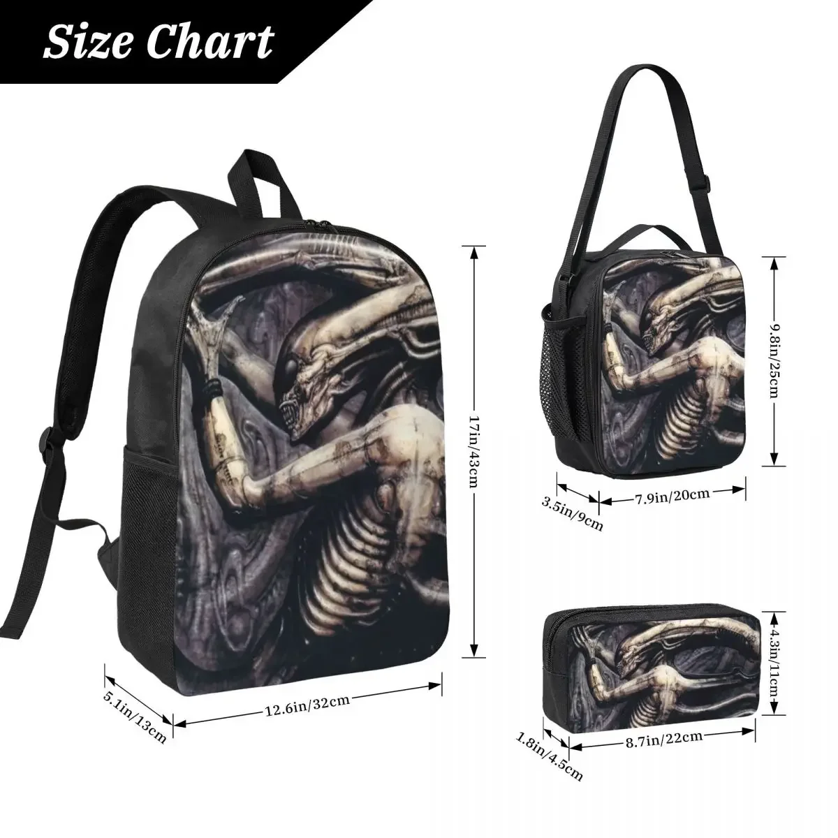 Alien Xenomorph HR Giger Backpack Student Boys Girls BookBag School Bag Laptop Shoulder Bags 3ps Insulated Lunch Bag Pencil Case