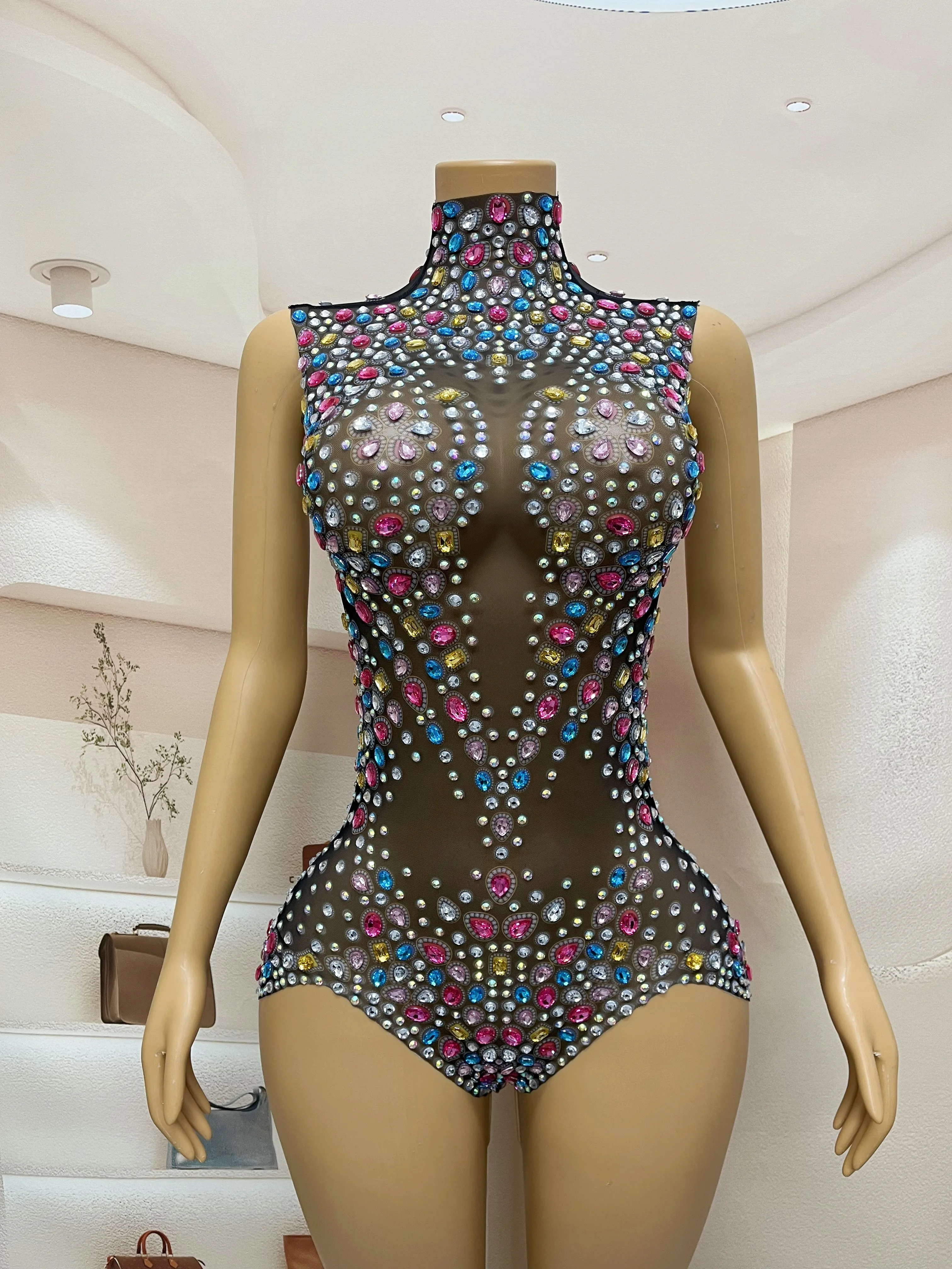 New Colorful Rhinestones Crystals Leotard Luxury Celebrate Sexy Outfit Sleeveless Bodysuit Birthday Costume tangwucai