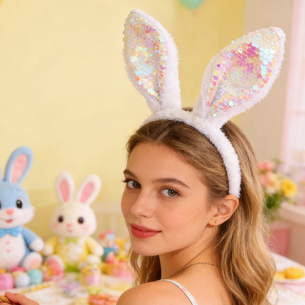 Easter Sequin Rabbit Ear Headbands Plush Hair Hoop Women Girls Hairband Easter Cosplay Costum Party Headdress Photo Props