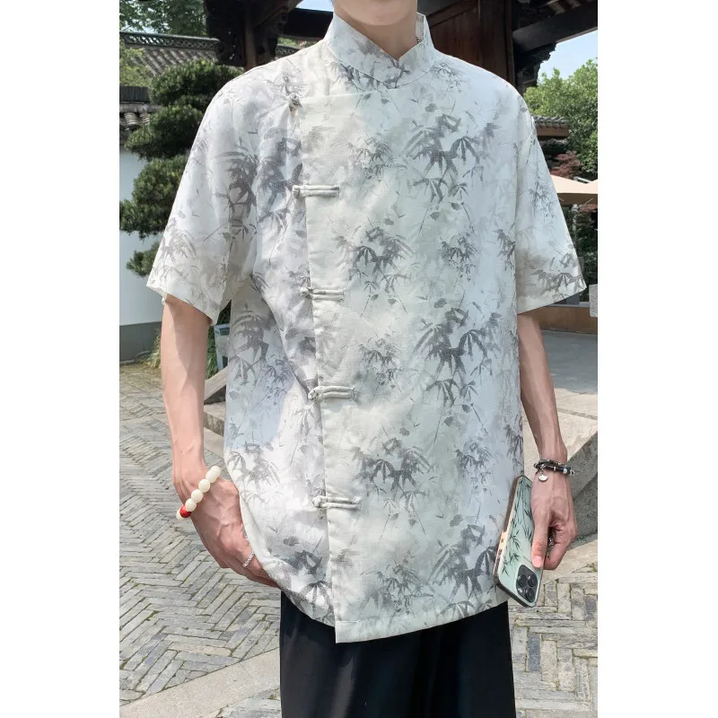 M-5XL Plus Size Men\'s Kung Fu Shirt Chinese Type Traditional Tang Suit Tai Chi Blouse Short Sleeve Shirts Summer Streetwear Top