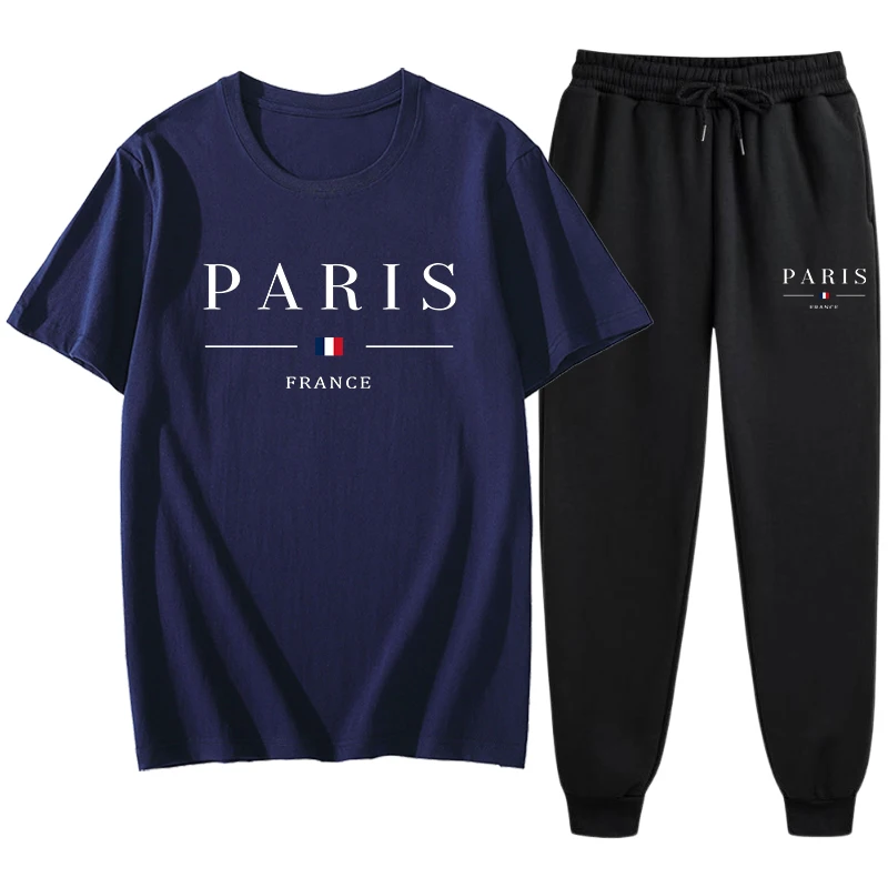 City Style Mens Casual T-shirts and Sweatpants High Quality Paris Printed Streetwear Spring Short Sleeved Tracksuit 10 Colors