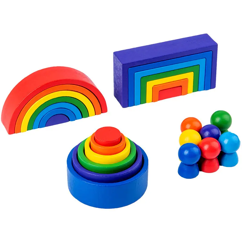 Rainbow Blocks Stacker 3 Set Natural Wood Stacking Toy Children Rainbow Building Block Education Kindergarten Supplies Baby Game