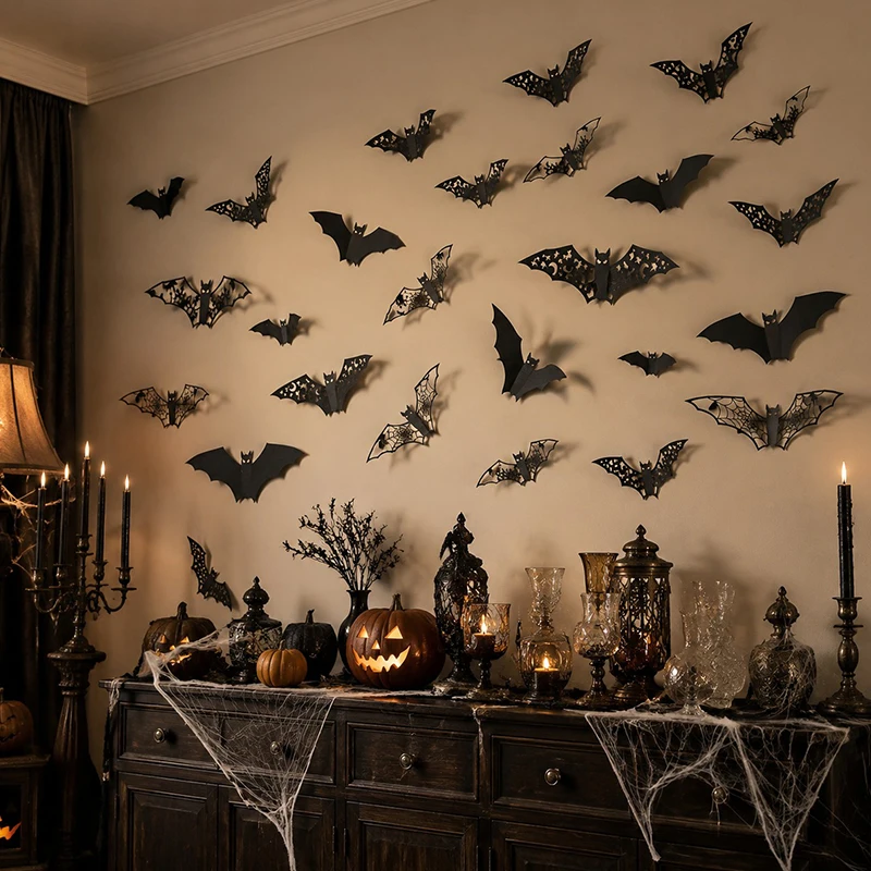 Halloween Bat Decoration Set 12/24/36/48PCS Assorted Size Wall Stickers For Haunted House Theme Party Photo Backdrop Display ZYF