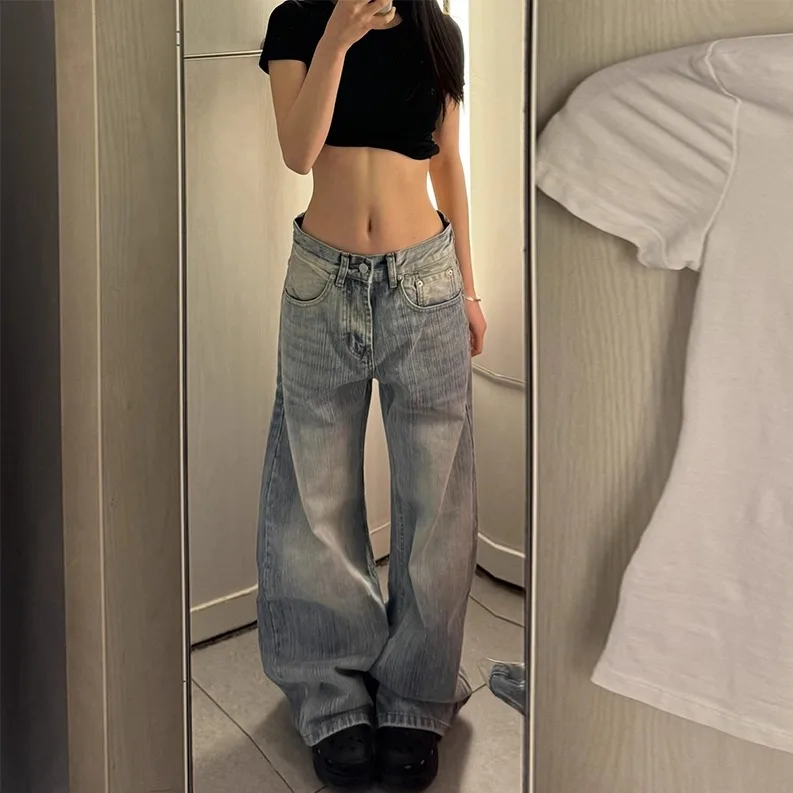 

Женские джинсы с высокой талией, широкими штанинами, свободного прямого кроя, с эффектом бамбуковой текстуры, повседневные, осенние
