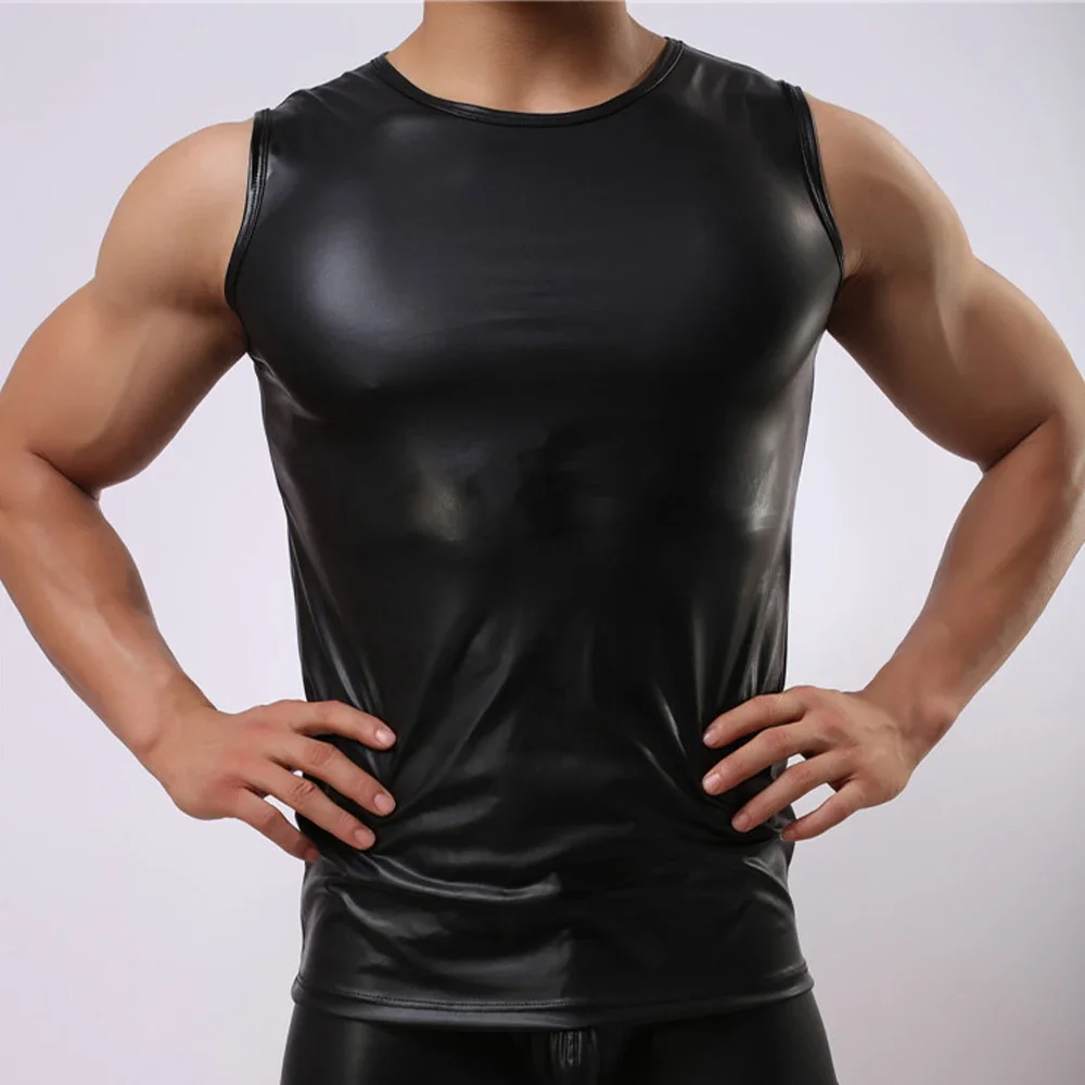 Mężczyźni Faux Pu Black Leather Round Neck Tank Top Wet Look Tight Vest Underwear Sexy Slim Shaping Gym Sports Sleeveless T-shirt