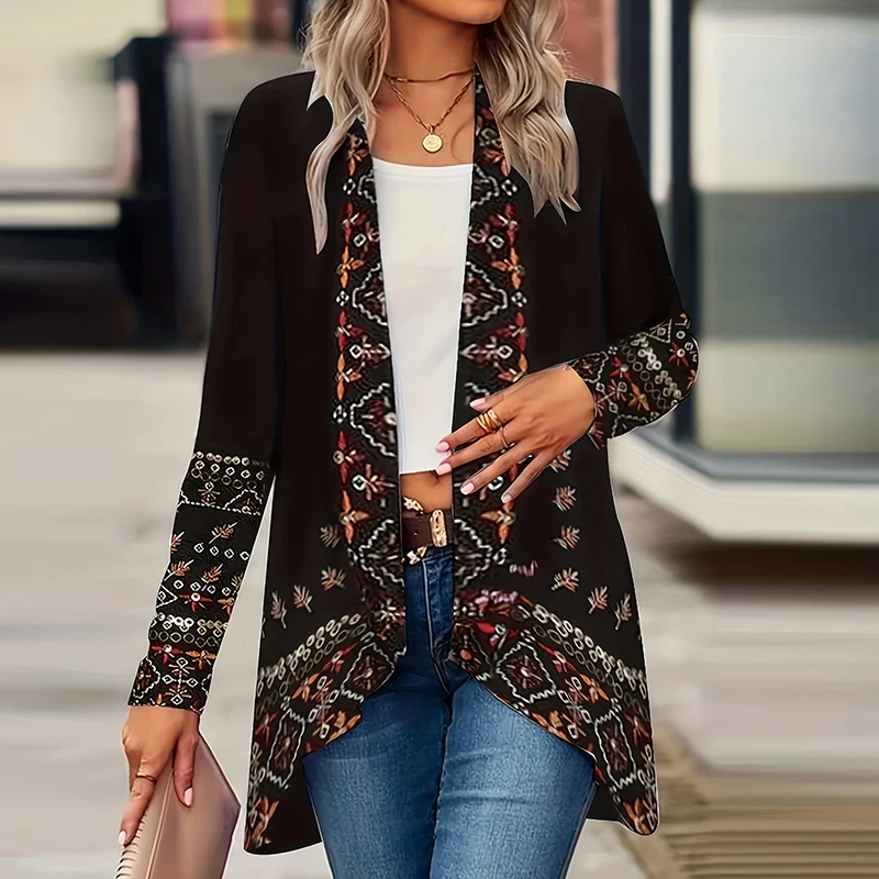 Autumn Cardigan for Women\'s Coats Fashion Women Jacket Turn Down Collar Vintage Print Jackets For Women Casual Loose Thin Tops