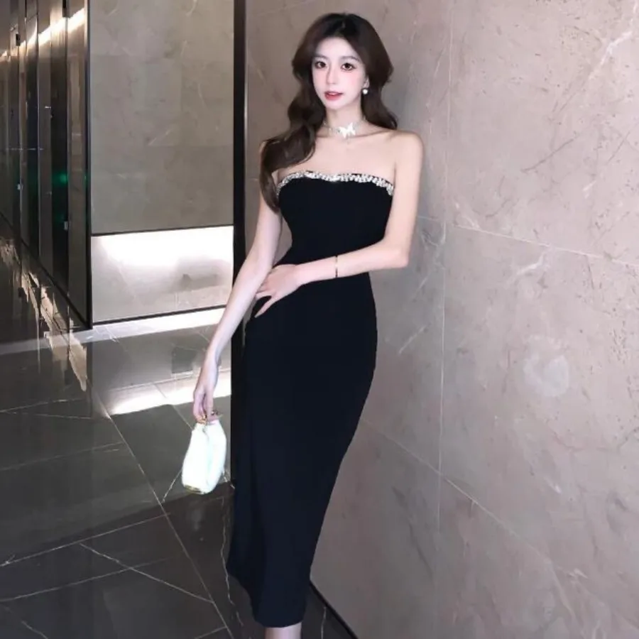

【New style】Black tube top dress women's new high-end birthday party dress shoulder bag hip skirt