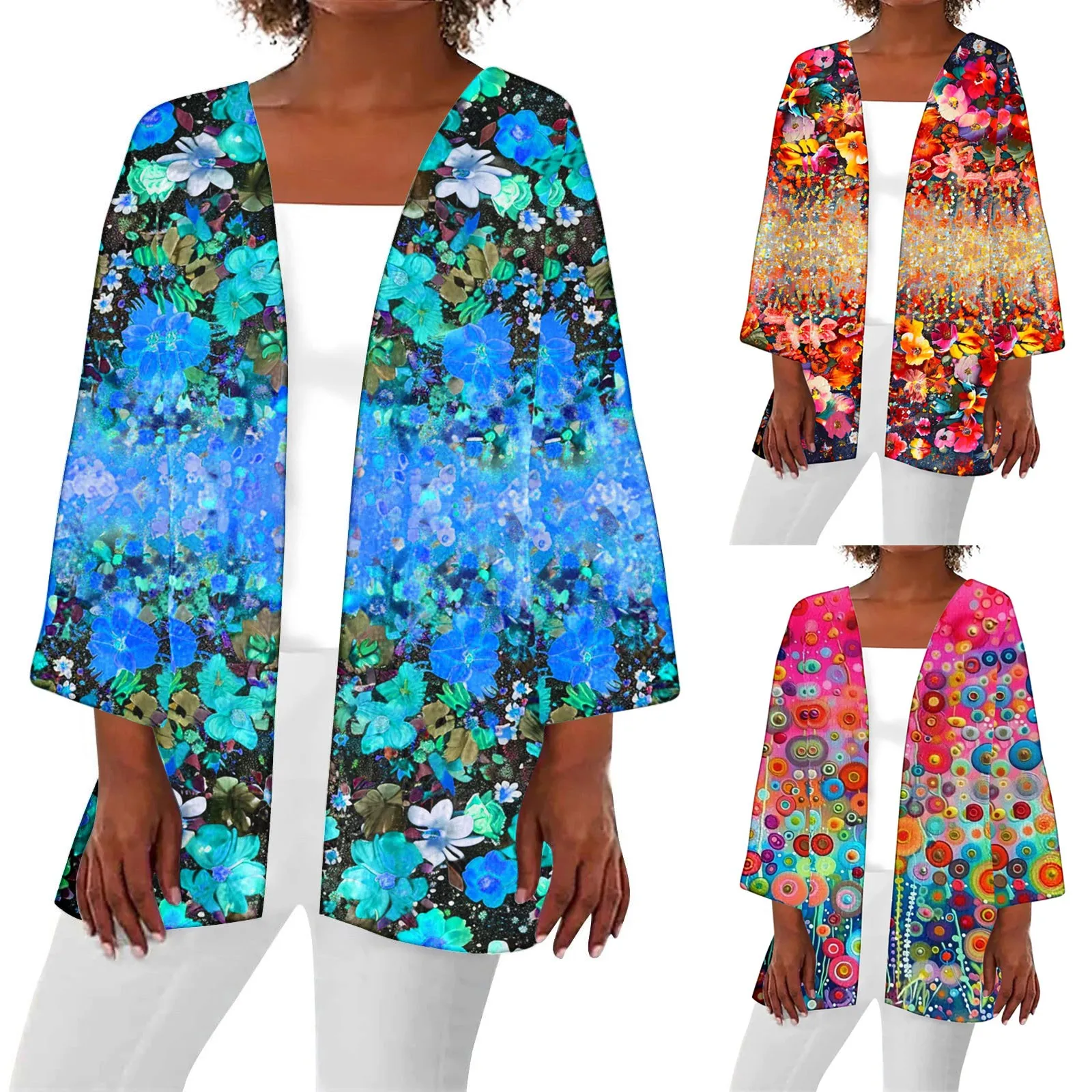 

Women Floral Print Chiffon Cardigan Short Sleeve Loose Beach Wear Cover Up Blouse Top Tan Open Front Cardigan for Women