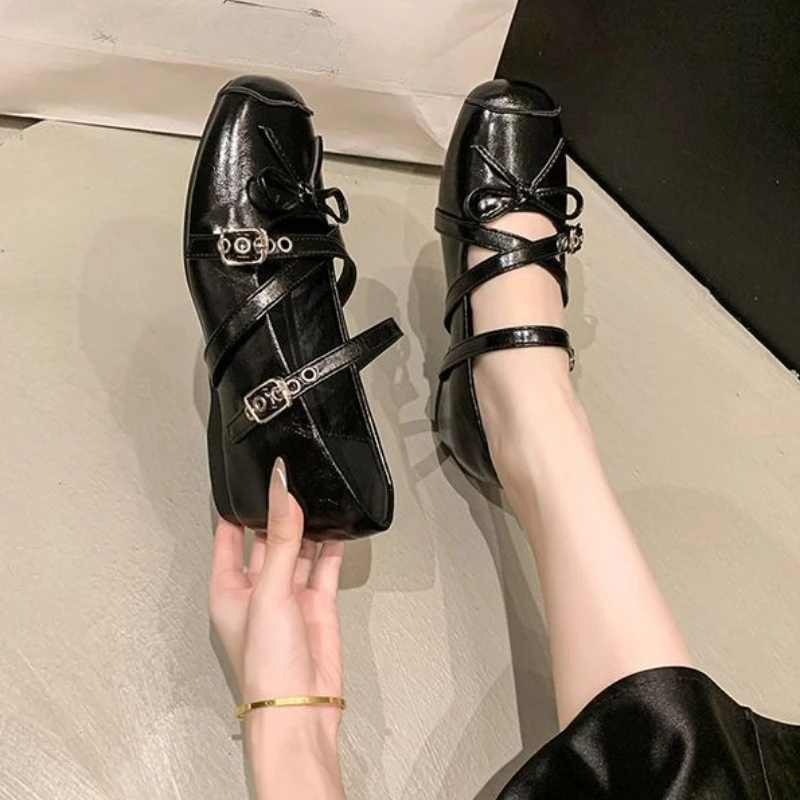 New 2026 Spring Summer Women's Elevator Mary Jane Shoes Chic Square Toe Ballet Style Bow Detail Low Cut Soft Sole and Retro
