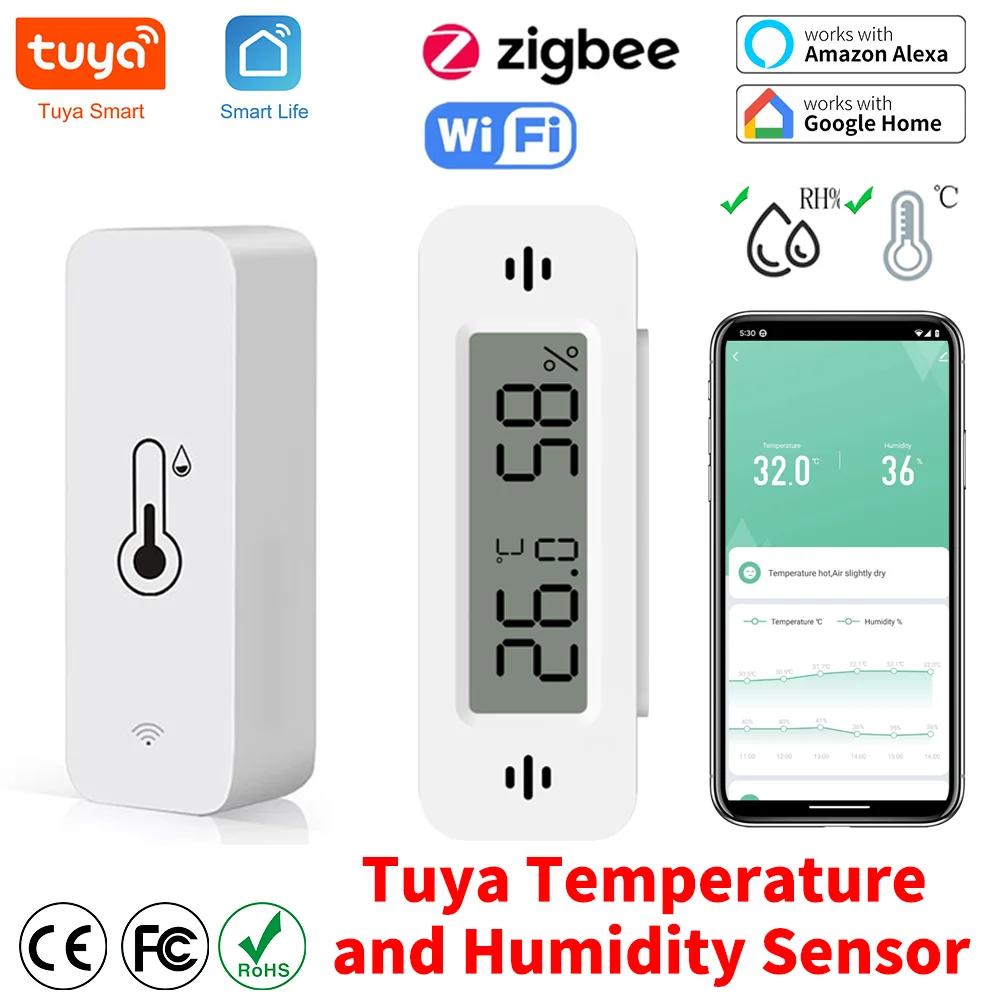 Donkivvy voor Tuya WiFi, 2 stuks, slimme temperatuur- en vochtigheidssensor, wifi-kamerthermometer, hygrometer met afstandsbediening en meldingswaarschuwing, voor thuis, baby, garage