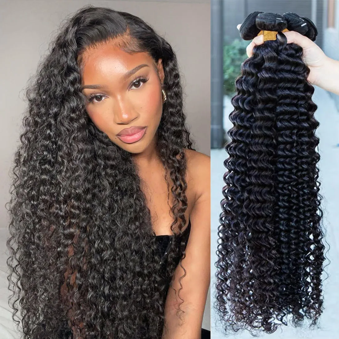 

Пучки человеческих волос с глубокими волнами, 32 30-дюймовые бразильские натуральные волнистые пучки 100% необработанные девственные вьющиеся волосы Remy, черные, двойной уток