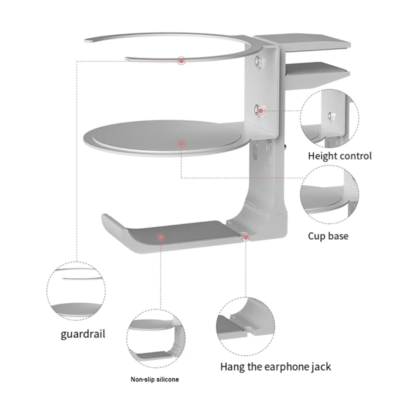 حامل أكواب بمشبك عملي للمكتب، حامل أكواب مضاد للانسكاب لطاولة المكتب، خطاف سماعة أذن مزدوج مع حامل مشروبات، فضي #6