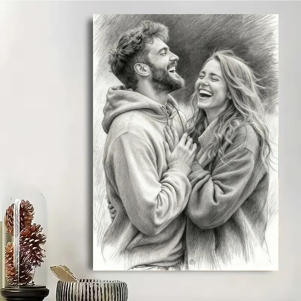 Customize Your Photos Black White Sketch Style Canvas Print Wedding Couple Family Pet Wall Art Poster Home Decor Perfect Gift