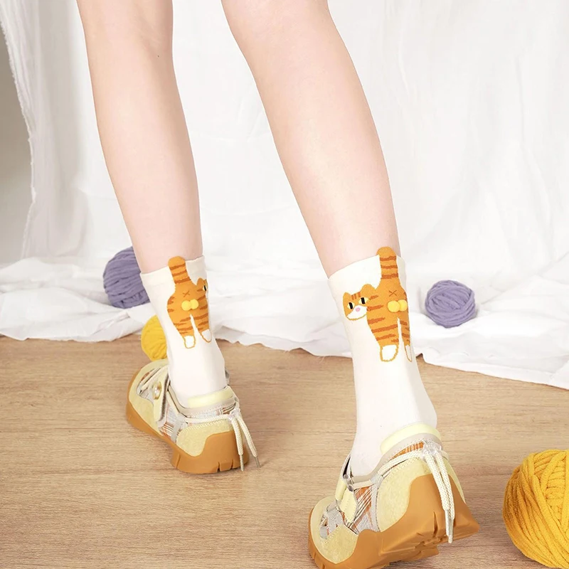 1/3pairs المرأة الكرتون القط دينغ جرس الكرة الجوارب للنساء الصيف Ins القطن لطيف اليابانية مضحك الرياضة منتصف جوارب أنبوبية 36-42 #4