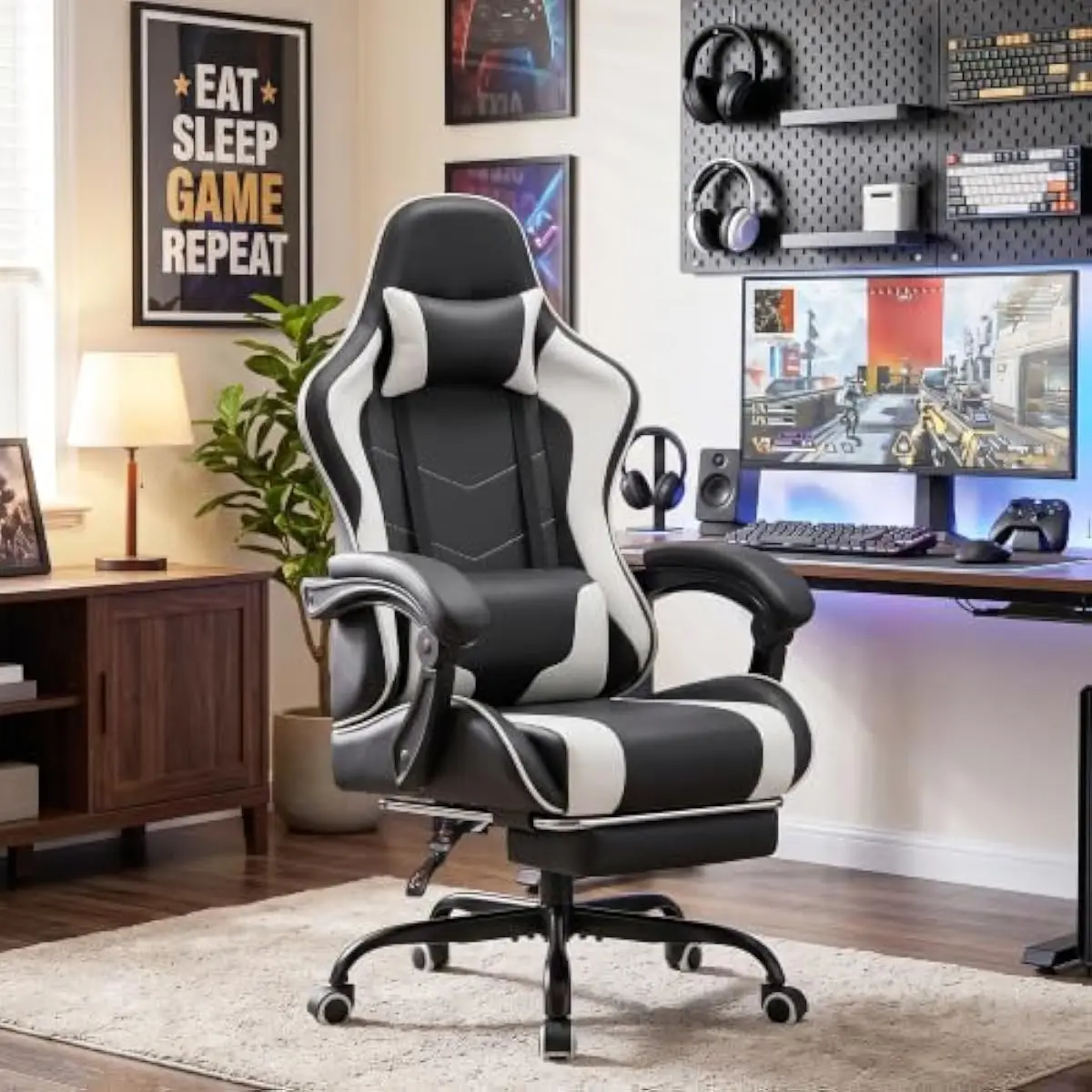 Gaming Chair with Adjustable Height Swivel Seat Reclining Backrest Up to 135 Degrees Integrated Footrest Lumbar Massage Pillow E