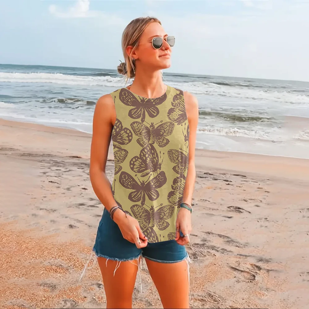 Elegant And Fashionable Colorful Butterfly Flower Print Round Neck Vest Summer Beach Casual Refreshing Sleeveless Vest