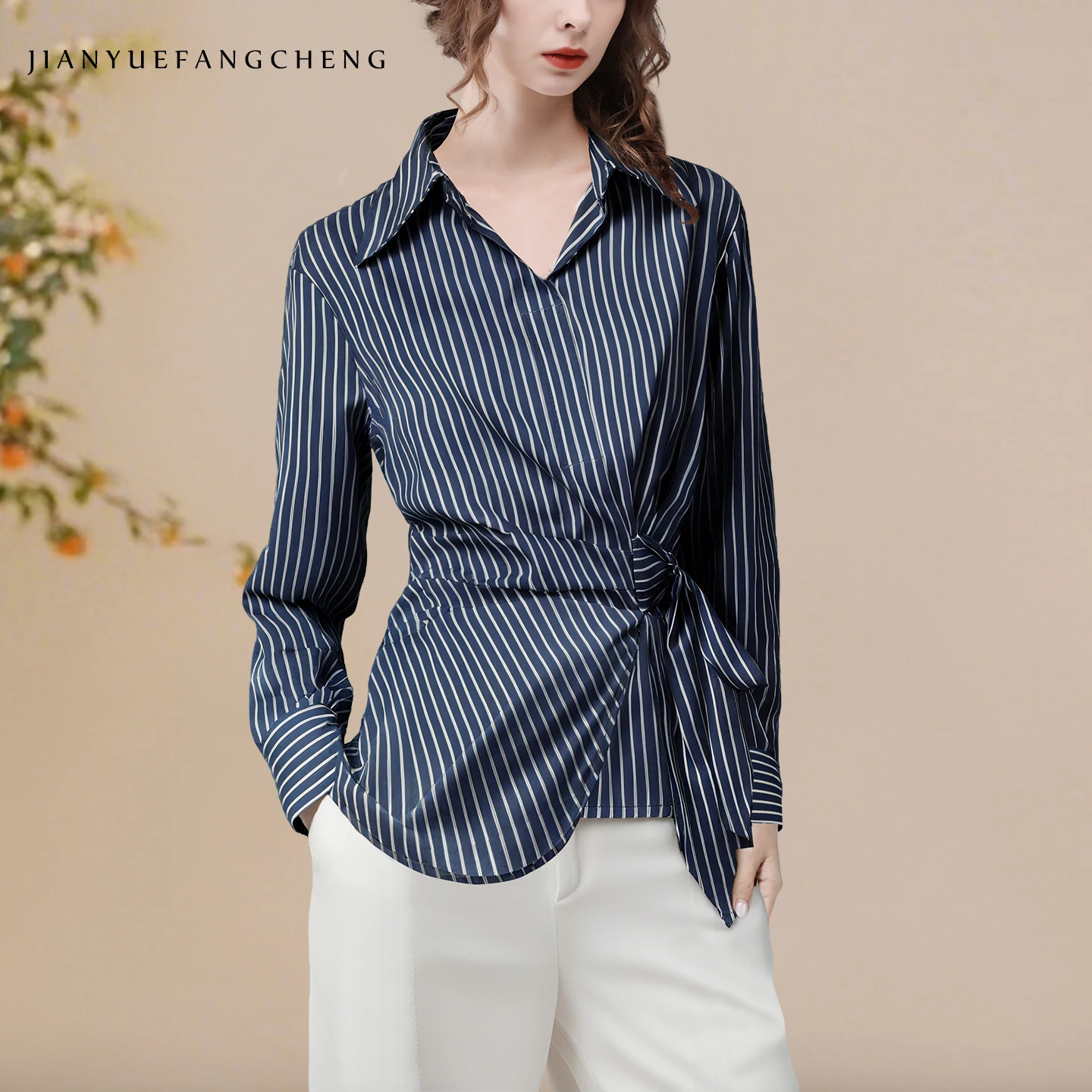 

2025 Fall New Women' Long Sleeve Blue Striped Shirt Asymmetrical design Fashion Turn-down Collar Cotton Blended Top Blouses