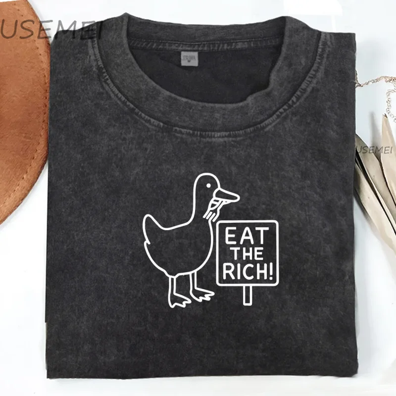 

Забавная футболка Goose Eat The Rich для женщин и мужчин, милая феминистская футболка в стиле ретро, феминистская футболка Y2K, футболка 90-х годов, хлопковые потертые свободные футболки