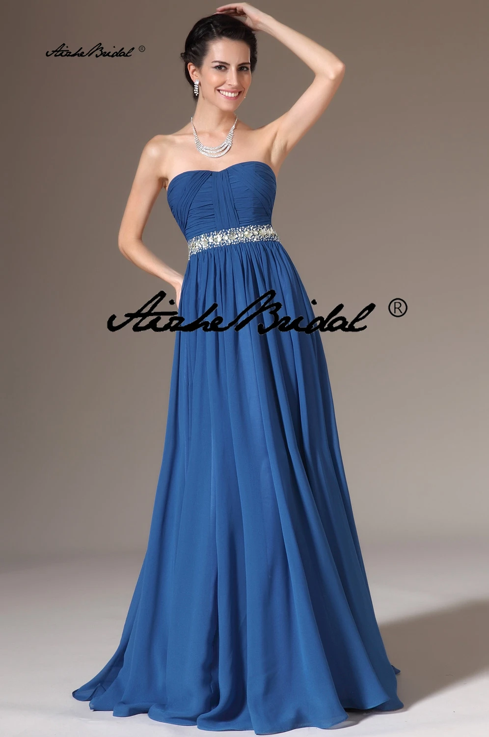 

Линия шифона с бисером и складками без бретелек Элегантные платья подружки невесты Свадебная вечеринка Вечернее официальное выпускное платье с скользящим шлейфом на молнии сзади