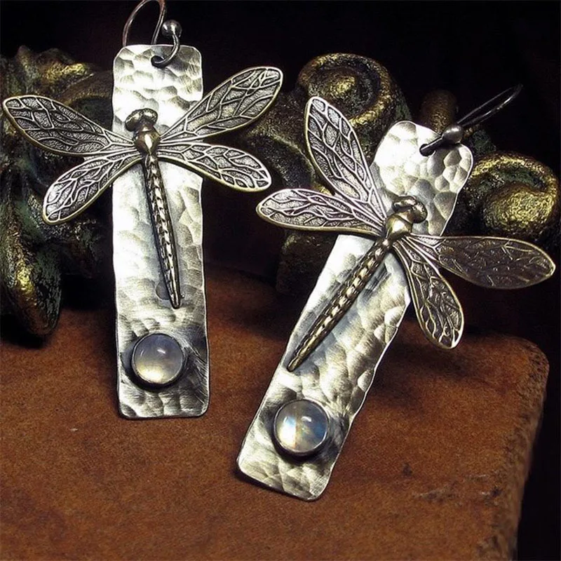 Creative New Insect Dragonfly Long Earrings Geometric Metal Moonstone Jewelry