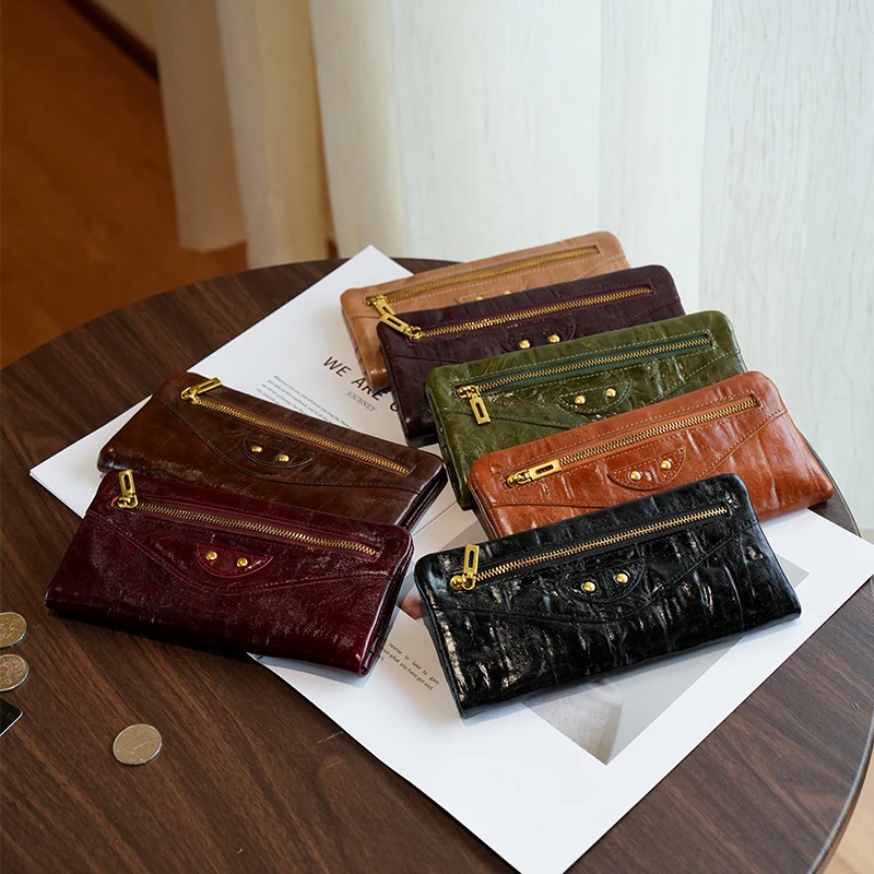 american-retro-oil-wax-top-layer-cowhide-wallet-women's-rivet-handheld-money-clip-multi-card-large-capacity-artistic-handbag