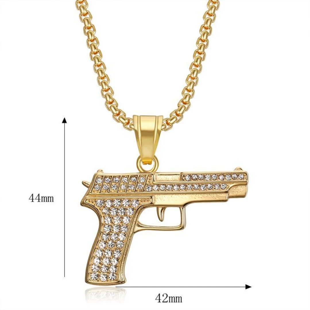 Hip Hop Fashion Pistol Gun Iced Out Bling CZ Pendant Gold Silver Color Stainless Steel Necklace Man Hiphop Military Jewelry Gift