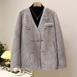 Abrigo de piel sintética de visón para mujer, Chaqueta corta, gruesa, cálida, con cuello en V, moda coreana, Invierno