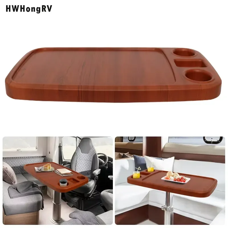 Rectangular Brown Pontoon Boat Table with Built-in Cup and Phone Holder for Marine RV Large ABS Anti-aging Top Surface Marine