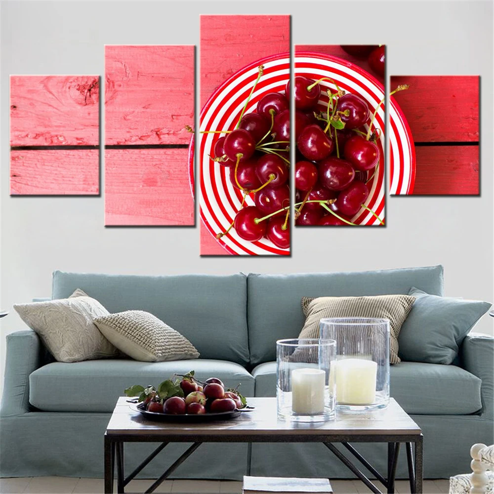 

5 Pieces Canvas Wall Arts Poster Painting Food Cherries Cherry Fruits Wallpaper Home Decor Picture Printing Interior Artwork
