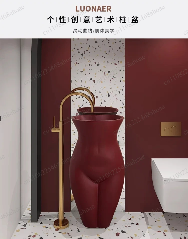 Italian burgundy high-end column basin designer personalized art and creativity integrated floor club wash basin